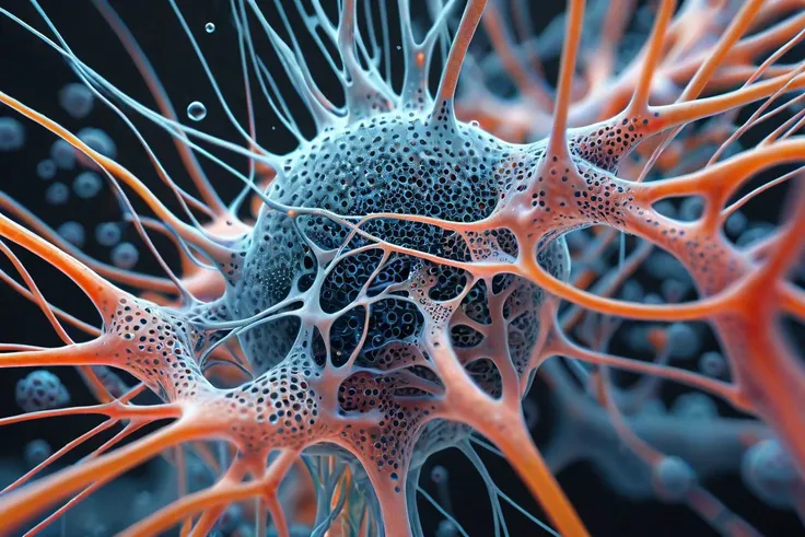 an image by Julie Mehretu of neurons viewed in a microscope, Trypophobia, (masterpiece), (realistic), 8k, RAW photo, very wide shot, octane render, unreal engine, volumetrics dtx, (film grain, bokeh, blurry foreground)