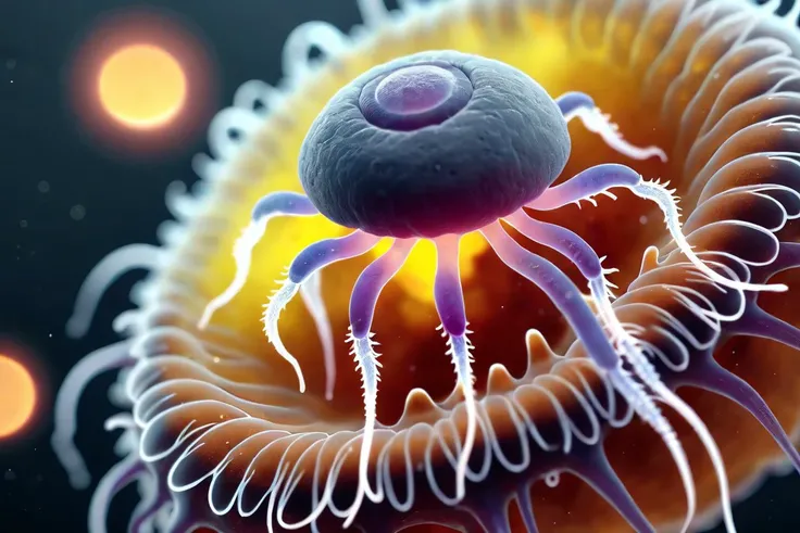 a microscopic creature, detailed, top view, hires, protozoa, (masterpiece), (realistic), 8k, RAW photo, very wide shot, octane render, unreal engine, volumetrics dtx, (film grain, bokeh, blurry foreground)