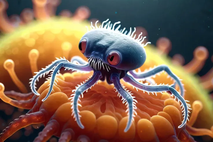a microscopic creature, detailed, top view, hires, protozoa, (masterpiece), (realistic), 8k, RAW photo, very wide shot, octane render, unreal engine, volumetrics dtx, (film grain, bokeh, blurry foreground)
