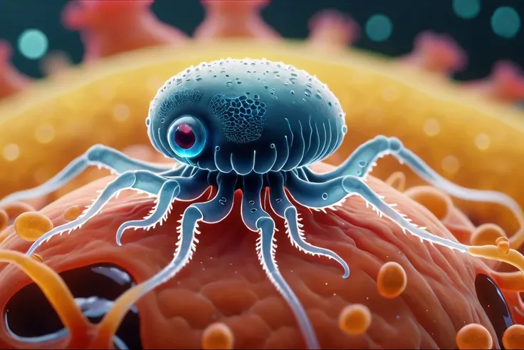 a microscopic creature, detailed, top view, hires, protozoa, (masterpiece), (realistic), 8k, RAW photo, very wide shot, octane render, unreal engine, volumetrics dtx, (film grain, bokeh, blurry foreground)