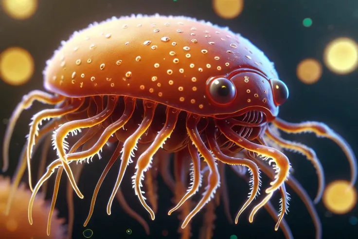 a microscopic creature, detailed, top view, hires, protozoa, (masterpiece), (realistic), 8k, RAW photo, very wide shot, octane render, unreal engine, volumetrics dtx, (film grain, bokeh, blurry foreground)