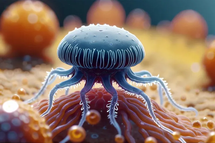 a microscopic creature, detailed, top view, hires, protozoa, (masterpiece), (realistic), 8k, RAW photo, very wide shot, octane render, unreal engine, volumetrics dtx, (film grain, bokeh, blurry foreground)