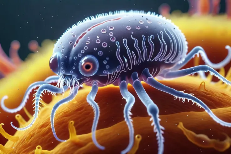 a microscopic creature, detailed, top view, hires, protozoa, (masterpiece), (realistic), 8k, RAW photo, very wide shot, octane render, unreal engine, volumetrics dtx, (film grain, bokeh, blurry foreground)