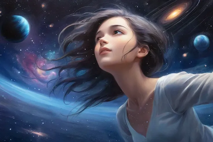 a woman with long hair flying through the air in front of a galaxy