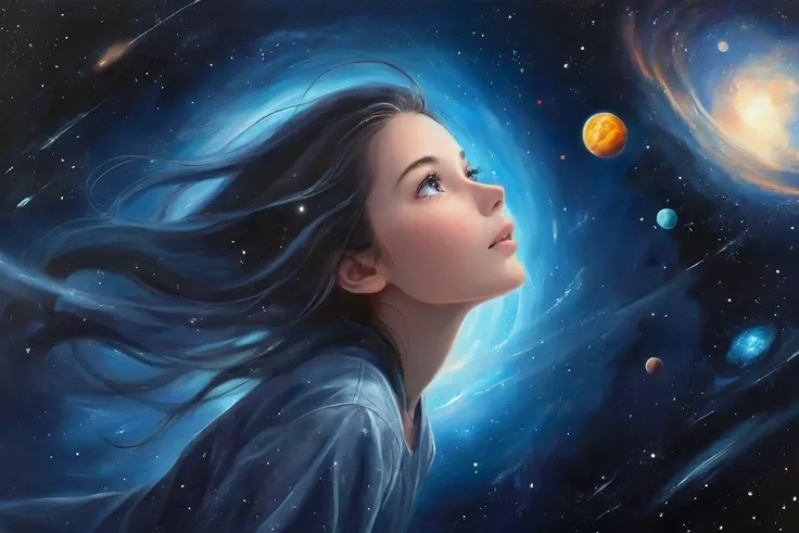 a woman looking up at planets in the sky