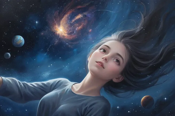 a girl with long hair floating in zero gravity against the backdrop of outer space. Her body is shrouded in a luminous mist, which creates a feeling of weightlessness and lightness. The girl looks into the distance, at distant stars and galaxies, and on her face you can see admiration and surprise at the beauty and grandeur of space. The background of the picture is made in dark colors, which emphasizes the depth and infinity of outer space. Stars and planets twinkle against the black sky, creating a sense of movement and life. The painting is made using the airbrush technique, which allows you to convey the depth and volume of space, and also creates the effect of twinkling stars and nebulae. This painting is a symbol that a person can overcome boundaries and discover new horizons if only he is willing to take the journey and overcome his fears. <lora:detailed_hands-000002:1>
