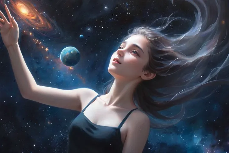 a girl with long hair floating in zero gravity against the backdrop of outer space. Her body is shrouded in a luminous mist, which creates a feeling of weightlessness and lightness. The girl looks into the distance, at distant stars and galaxies, and on her face you can see admiration and surprise at the beauty and grandeur of space. The background of the picture is made in dark colors, which emphasizes the depth and infinity of outer space. Stars and planets twinkle against the black sky, creating a sense of movement and life. The painting is made using the airbrush technique, which allows you to convey the depth and volume of space, and also creates the effect of twinkling stars and nebulae. This painting is a symbol that a person can overcome boundaries and discover new horizons if only he is willing to take the journey and overcome his fears. <lora:detailed_hands-000002:1>