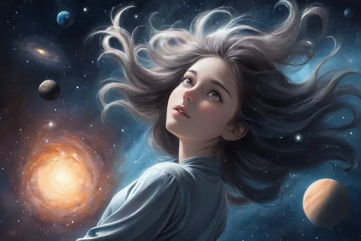 a girl with long hair floating in zero gravity against the backdrop of outer space. Her body is shrouded in a luminous mist, which creates a feeling of weightlessness and lightness. The girl looks into the distance, at distant stars and galaxies, and on her face you can see admiration and surprise at the beauty and grandeur of space. The background of the picture is made in dark colors, which emphasizes the depth and infinity of outer space. Stars and planets twinkle against the black sky, creating a sense of movement and life. The painting is made using the airbrush technique, which allows you to convey the depth and volume of space, and also creates the effect of twinkling stars and nebulae. This painting is a symbol that a person can overcome boundaries and discover new horizons if only he is willing to take the journey and overcome his fears. <lora:detailed_hands-000002:1>