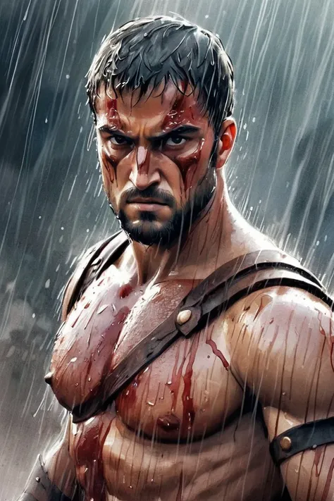 style,Epic illustration of a Spartan warrior, standing resolute in the pouring rain,looking at the camera, close up, evoking the grandeur of Gladiator, soaked in blood,undamaged details, while rendering with dynamic lighting, sweeping camera angles, and intense emotional depth,cinematic background, watercolor sketch in artistic style, large strokes, finalized with ink, fine lines