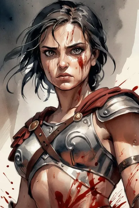 style,Epic illustration of a Rome warrior woman, standing resolute, looking at the camera, close up, evoking the grandeur of Gladiator, soaked in blood, undamaged details, while rendering with dynamic lighting, sweeping camera angles, and intense emotional depth,cinematic background, watercolor sketch in artistic style, large strokes, finalized with ink, fine lines