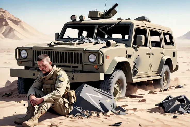 8k, detailed image, soldier man, sitting on a ground, An (crashed:1.4) army 4x4 car, desert, (fire:0.2)
