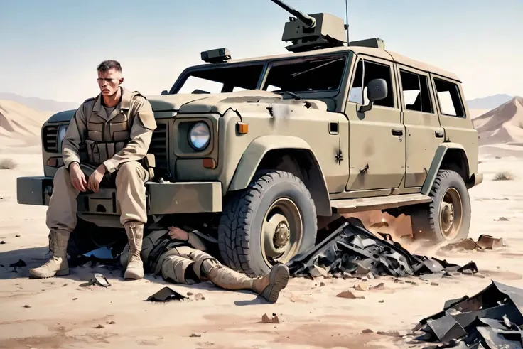 8k, detailed image, soldier man, sitting on a ground, An (crashed:1.4) army 4x4 car, desert, (fire:0.2)