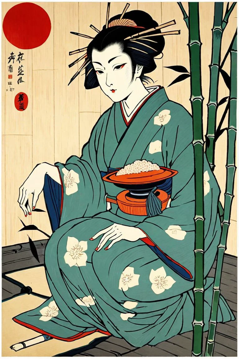 japanese ukiyoe artstyle, woodblock print, bamboo, artistic style