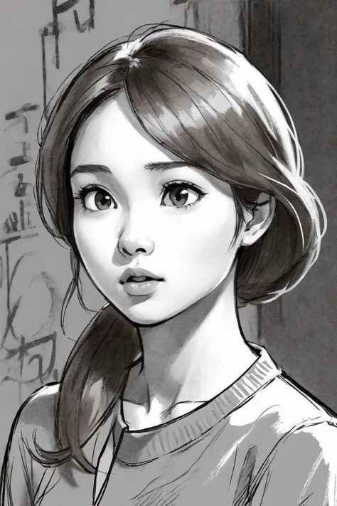 eurasian woman 25yo, Brown-haired head, speak, Curiosity,, sketch artstyle, graycale, monochrome,