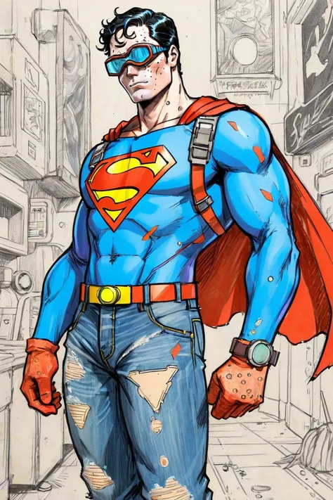 (sketch:1.1), (masterpiece), 1 superman, spacepunk engineer, science fiction, distressed jeans, freckles, gloves, goggles,hyperdetailed,vivid color, drawing with colored pencil style, large strokes, finalized with ink, fine lines
