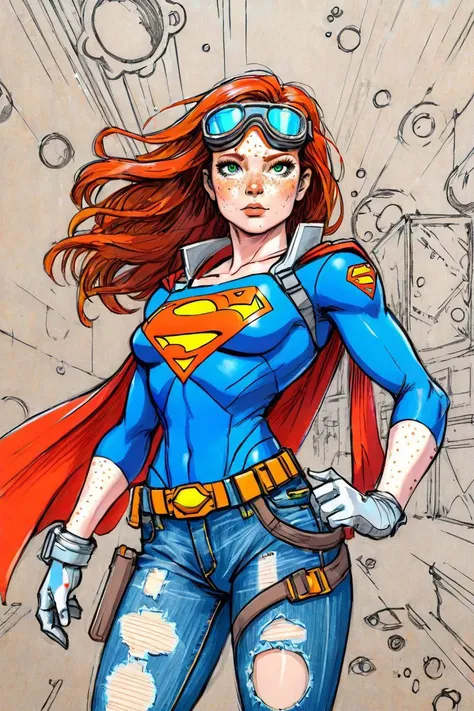 (sketch:1.1), (masterpiece), 1 superwoman, spacepunk engineer, science fiction, distressed jeans, freckles, gloves, goggles,hyperdetailed,vivid color, drawing with colored pencil style, large strokes, finalized with ink, fine lines