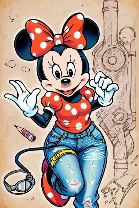 (sketch:1.1), (masterpiece), Minnie Mouse, science fiction, distressed jeans, freckles, gloves, goggles,hyperdetailed,vivid color, drawing with colored pencil style, large strokes, finalized with ink, fine lines