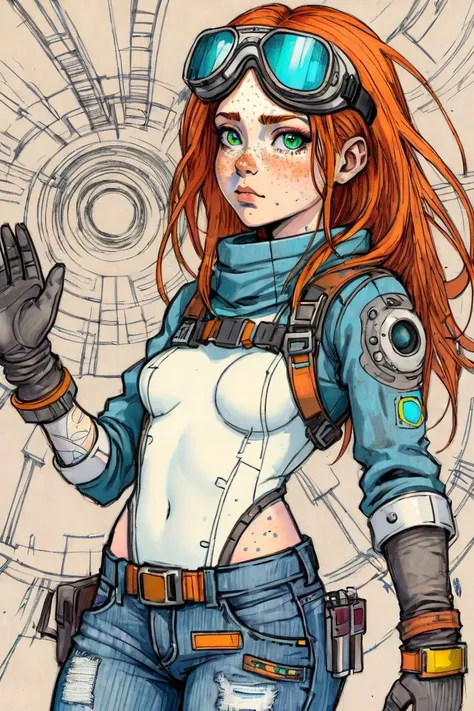 (sketch:1.1), (masterpiece), 1 girl, spacepunk engineer, science fiction, distressed jeans, freckles, gloves, goggles,hyperdetailed,vivid color, drawing with colored pencil style, large strokes, finalized with ink, fine lines