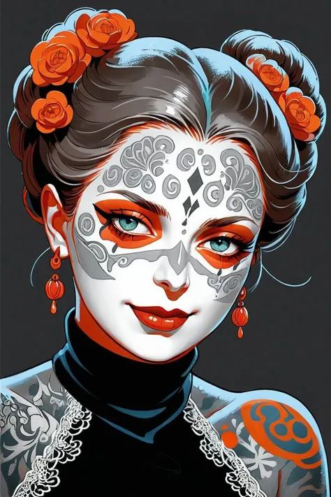 (facepaint, face tattoos), Wet black and orange color inks line art dreamy Darth Maul portrait with lot of lace filigrees on black canvas illustration described in the perfect fractal style of Vassily Kandinsky, bailing-traditional opera, chinese clothes, (masterpiece, top quality, best quality, official art, beautiful and aesthetic:1.2), by James Jean and Norman Rockwell, ((realistic illustration:1.2)), film noir style, ink line sketch|vector, highly detailed, sharp focus, ultra sharpness, ((monochrome)), high contrast, dramatic shadows, 1980s style, mysterious, ((charming Ingrid Bergman)), ((waist-high portrait)), massive breast, ((black turtleneck:1.4)), lingering flavors on lips, irresistible allure, simple grey background, red short hair, short shag haircut, ((seductive smile:1.4)), (seductive aqua grey eyes), ((dark makeup:1.4)), hyper detailed, soft light, (lustful facial expression, lusty, lascivious:1.3)