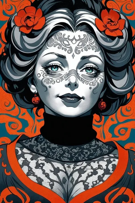 (facepaint, face tattoos), Wet black and orange color inks line art dreamy Darth Maul portrait with lot of lace filigrees on black canvas illustration described in the perfect fractal style of Vassily Kandinsky, bailing-traditional opera, chinese clothes, (masterpiece, top quality, best quality, official art, beautiful and aesthetic:1.2), by James Jean and Norman Rockwell, ((realistic illustration:1.2)), film noir style, ink line sketch|vector, highly detailed, sharp focus, ultra sharpness, ((monochrome)), high contrast, dramatic shadows, 1980s style, mysterious, ((charming Ingrid Bergman)), ((waist-high portrait)), massive breast, ((black turtleneck:1.4)), lingering flavors on lips, irresistible allure, simple grey background, red short hair, short shag haircut, ((seductive smile:1.4)), (seductive aqua grey eyes), ((dark makeup:1.4)), hyper detailed, soft light, (lustful facial expression, lusty, lascivious:1.3)