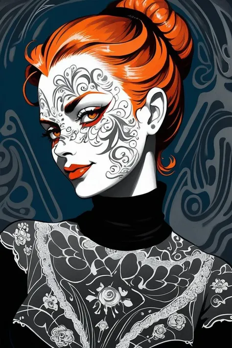(facepaint, face tattoos), Wet black and orange color inks line art dreamy Darth Maul portrait with lot of lace filigrees on black canvas illustration described in the perfect fractal style of Vassily Kandinsky, bailing-traditional opera, chinese clothes, (masterpiece, top quality, best quality, official art, beautiful and aesthetic:1.2), by James Jean and Norman Rockwell, ((realistic illustration:1.2)), film noir style, ink line sketch|vector, highly detailed, sharp focus, ultra sharpness, ((monochrome)), high contrast, dramatic shadows, 1980s style, mysterious, ((charming Ingrid Bergman)), ((waist-high portrait)), massive breast, ((black turtleneck:1.4)), lingering flavors on lips, irresistible allure, simple grey background, red short hair, short shag haircut, ((seductive smile:1.4)), (seductive aqua grey eyes), ((dark makeup:1.4)), hyper detailed, soft light, (lustful facial expression, lusty, lascivious:1.3)
