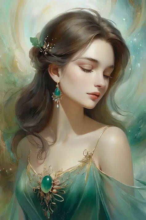 nordic woman 25yo, Brunette head, speak, Anxiety, sparkling, elegant and unique, gently swaying, mysterious and charming, realistic and abstract art, details, very realistic, beautiful and vital, dreamlike and surreal, delicate brush strokes and rich colors, beauty and mystery, unimaginable beauty,Ornate And Intricate, transparent, translucent, Agate material, jade material, BY Anne Bachelier
