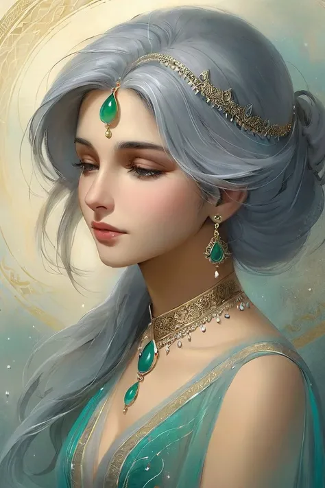 middle eastern woman 25yo, Gray-haired head, at least, Disappointment, sparkling, elegant and unique, gently swaying, mysterious and charming, realistic and abstract art, details, very realistic, beautiful and vital, dreamlike and surreal, delicate brush strokes and rich colors, beauty and mystery, unimaginable beauty,Ornate And Intricate, transparent, translucent, Agate material, jade material, BY Anne Bachelier