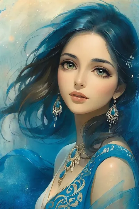 middle eastern woman 25yo, Brunette head, run, Astonishment, gothic, cyanotype artstyle sparkling, elegant and unique, gently swaying, mysterious and charming, realistic and abstract art, details, very realistic, beautiful and vital, dreamlike and surreal, delicate brush strokes and rich colors, beauty and mystery, unimaginable beauty,Ornate And Intricate, transparent, translucent, Agate material, jade material, BY Anne Bachelier