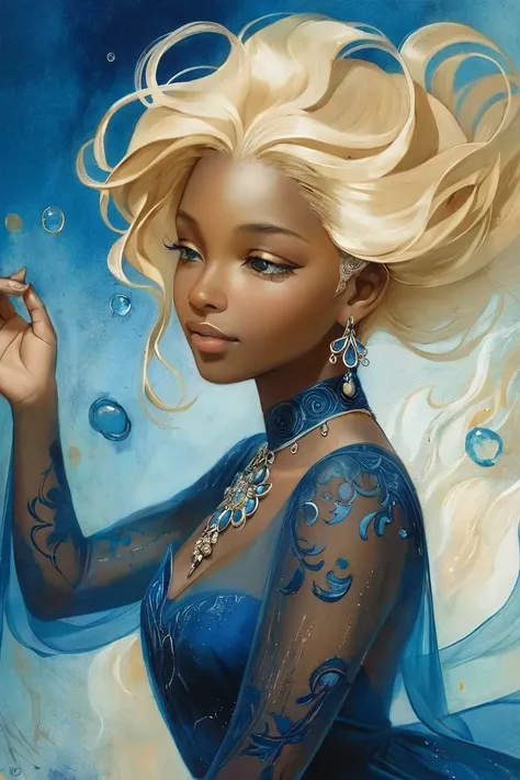 black woman 25yo, Blond head, bounce, Fear, gothic, cyanotype artstyle sparkling, elegant and unique, gently swaying, mysterious and charming, realistic and abstract art, details, very realistic, beautiful and vital, dreamlike and surreal, delicate brush strokes and rich colors, beauty and mystery, unimaginable beauty,Ornate And Intricate, transparent, translucent, Agate material, jade material, BY Anne Bachelier