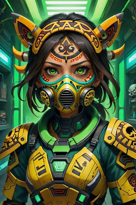 a woman in a green and yellow outfit with a mask on