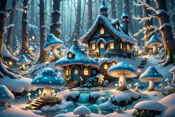 a bioluminescence mushroom in azure blue, tiny house of gnomes, icicles, mystical magical forest in winter, depth of field, unreal engine, 8k, ultra high detail, snowflakes, azure blue ice, night scene,