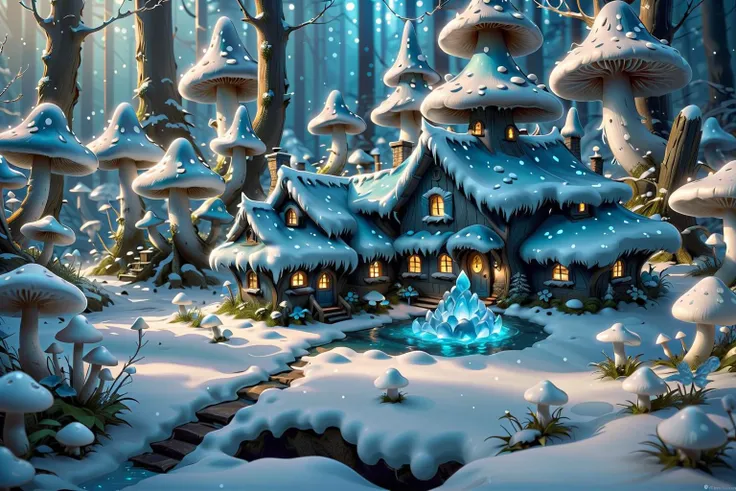 a bioluminescence mushroom in azure blue, tiny house of gnomes, icicles, mystical magical forest in winter, depth of field, unreal engine, 8k, ultra high detail, snowflakes, azure blue ice,