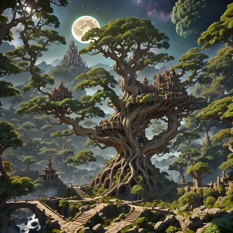 epic digital art, (gigantic magical tree in a mystical forest:1.5), (view from high point:1.5), castle ruins in the distance, mountains in the background, full moon, star images, 8K, unreal engine, masterpiece, ultra high detailed, wooden bridges