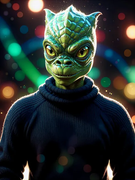trandoshan alien in black sweater masterpiece, best quality, soft light, bokeh, real shadow, cinematic, subsurface scuttering<lora:trandoshanV2:0.8>