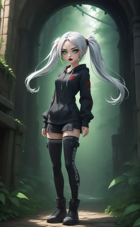 Frieren, Frieren Beyond Journeys End, (twin tails:1.3), long twin tails , elf ears, green eyes, white hair, red earrings, petite , young elf girl, teen, stylized art, 1 girl, solo, emo, (goth girl), hoodie, dynamic pose, dynamic angle, (full body shot:1.3), (very aesthetic, best quality, ultra detailed), cinematic still, 4k, 8k uhd, hdr, extremely intricate, extremely detailed, amazing, fine detail, high resolution, perfect, wonderful, glowing, shine, shiny, (score_9,score_8_up,score_7_up,score_6_up,score_5_up,score_4_up, source_anime, rated_safe:1.2)