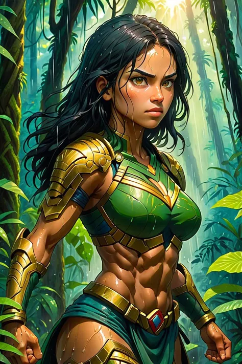 score_9, score_8_up, score_7_up, score_6_up, score_5_up, In the heart of the dense jungle, an Amazon warrior with sai, details, showcasing the warrior's resilience in the wilderness, Soft morning sunlight filters through the jungle canopy, highlighting the strength and determination in her eyes, the warrior in a portrait style, emphasizing her connection to the untamed nature that surrounds her, heavy rain, dynanic pose, , drawing with colored pencil style, large strokes, finalized with ink, fine lines