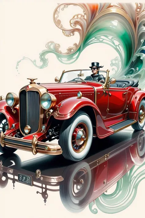 painting of a red car with a man in a top hat driving on a wave