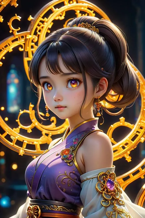score_9, score_8_up, score_7_up, score_6_up, score_5_up, score_9, score_8_up, score_7_up, score_6_up, score_5_up, (masterpiece, best quality, ultra-detailed, best shadow), (detailed background,dark fantasy), (beautiful detailed face), high contrast, (best illumination, an extremely delicate and beautiful), ((cinematic light)), colorful, hyper detail, dramatic light, intricate details,fantasy, (1little cute girl, black ponytail hair,big orange eyes, big breasts, (translucent white hanfu:1.3), bareshoulders,navel,dynamic angle), depth of field,golden light particles,(broken purple glass),magic circle,multi-color eyes, hyper detailed, highly detailed, beautiful, small details, ultra detailed, best quality, 4k, (good anatomy), (masterpiece), (realistic), 8k, RAW photo, very wide shot, octane render, unreal engine, volumetrics dtx, (film grain, bokeh, blurry foreground), drawing with colored pencil style, large strokes, finalized with ink, fine lines