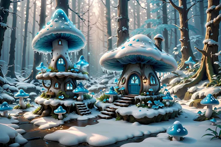 a bioluminescence mushroom in azure blue, tiny house of gnomes, icicles, mystical magical forest in winter, depth of field, unreal engine, 8k, ultra high detail, snowflakes, azure blue ice,