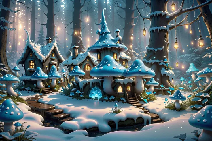a bioluminescence mushroom in azure blue, tiny house of gnomes, icicles, mystical magical forest in winter, depth of field, unreal engine, 8k, ultra high detail, snowflakes, azure blue ice,