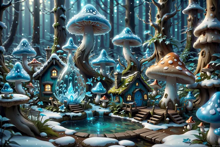 a bioluminescence mushroom in azure blue, tiny house of gnomes, icicles, mystical magical forest in winter, depth of field, unreal engine, 8k, ultra high detail, snowflakes, azure blue ice,