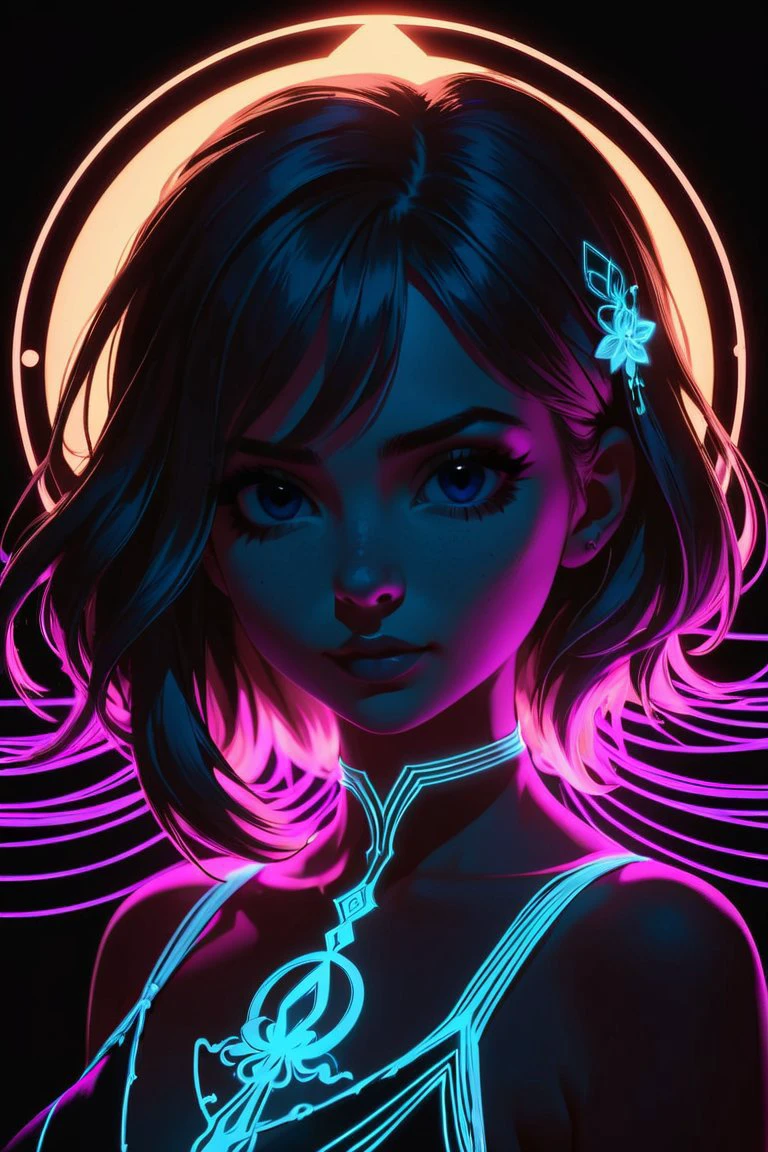 score_9, score_8_up, score_7_up, score_6_up, score_5_up, 8k portrait, girl black light background. darkened image, glowing halo around the edge, shadow in front, back key light, 50mm, dichromatic, black and reb, light lines, otherworldly, Highres.