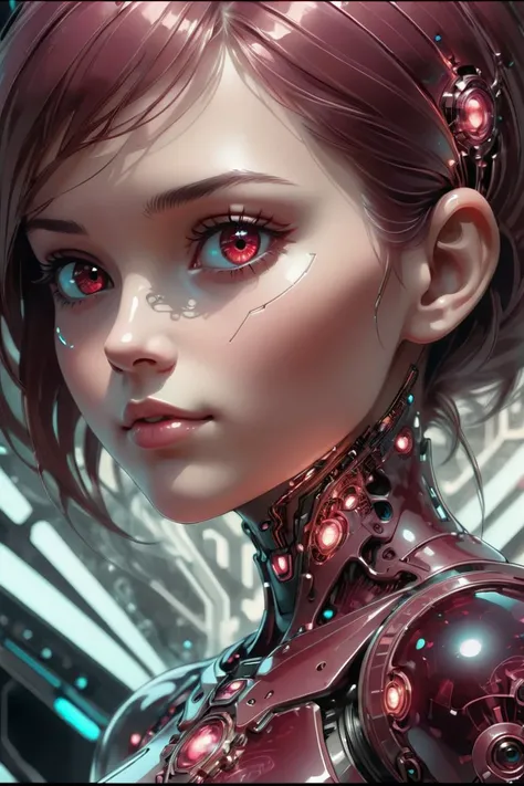 score_9, score_8_up, score_7_up, score_6_up, score_5_up, 8k portrait, [(art by Tom Jung:1.1) and (Thomas Wrede:0.7) :3], girl, fractal glass detail background soft focus, Sketched, Sci-Fi, key light, 50mm, chromatic, Black and Maroon, otherworldly, Highres