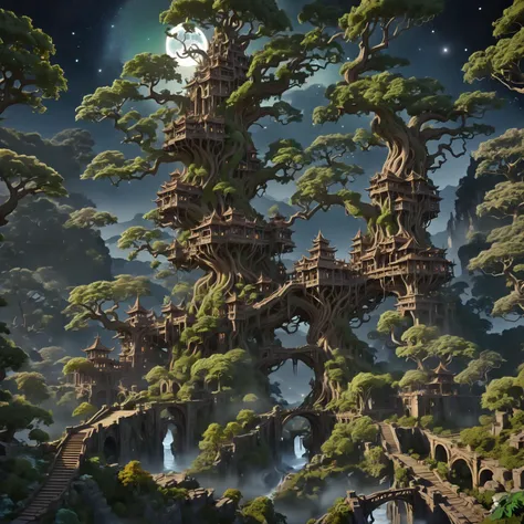 a close up of a tree house in a forest with a moon in the background