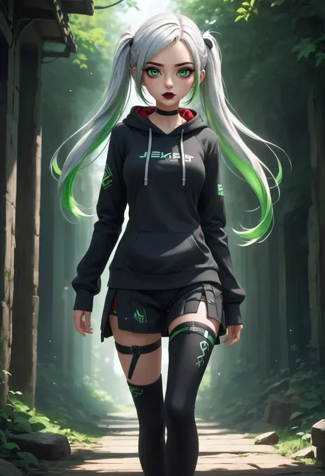Frieren, Frieren Beyond Journeys End,  (twin tails:1.3), long twin tails , elf ears, green eyes,  white hair, red earrings, petite , young  elf girl, teen, stylized art, 1 girl, solo, emo, (goth girl), hoodie, dynamic pose, dynamic angle, (full body shot:1.3),  (very aesthetic, best quality, ultra detailed), cinematic still, 4k, 8k uhd, hdr, extremely intricate, extremely detailed, amazing, fine detail, high resolution, perfect, wonderful, glowing, shine, shiny, (score_9,score_8_up,score_7_up,score_6_up,score_5_up,score_4_up, source_anime, rated_safe:1.2)