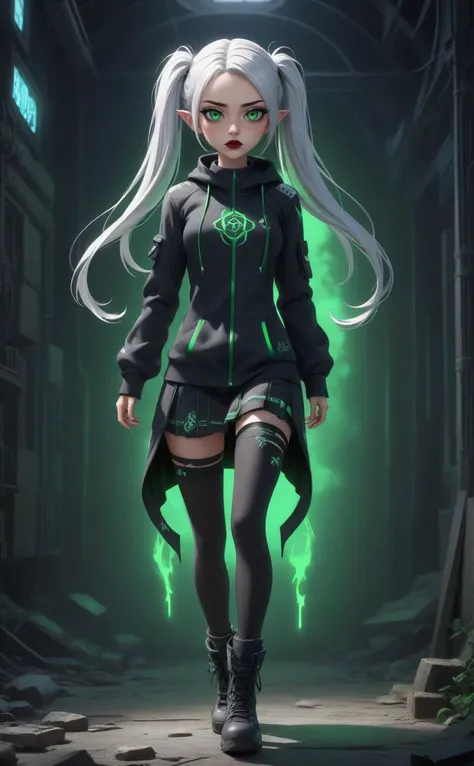 Frieren, Frieren Beyond Journeys End, (twin tails:1.3), long twin tails , elf ears, green eyes, white hair, red earrings, petite , young elf girl, teen, stylized art, 1 girl, solo, emo, (goth girl), hoodie, dynamic pose, dynamic angle, (full body shot:1.3), (very aesthetic, best quality, ultra detailed), cinematic still, 4k, 8k uhd, hdr, extremely intricate, extremely detailed, amazing, fine detail, high resolution, perfect, wonderful, glowing, shine, shiny, (score_9,score_8_up,score_7_up,score_6_up,score_5_up,score_4_up, source_anime, rated_safe:1.2)