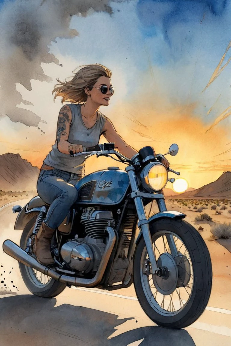 Ink illustration, wide angle, a woman drives a cafe racer toward the sunset, from behind, trailing dust, desert filling station, blue and gray, flashing lights, mayhem, asymmetrical fractals, ink splatters, ink runs, ink spots, faded ink, ink stains, linquivera, watercolor sketch in artistic style, large strokes, finalized with ink, fine lines