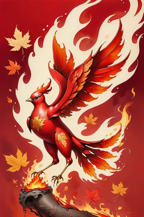 fire, bird, single leg, maple leaf, red theme, bifang