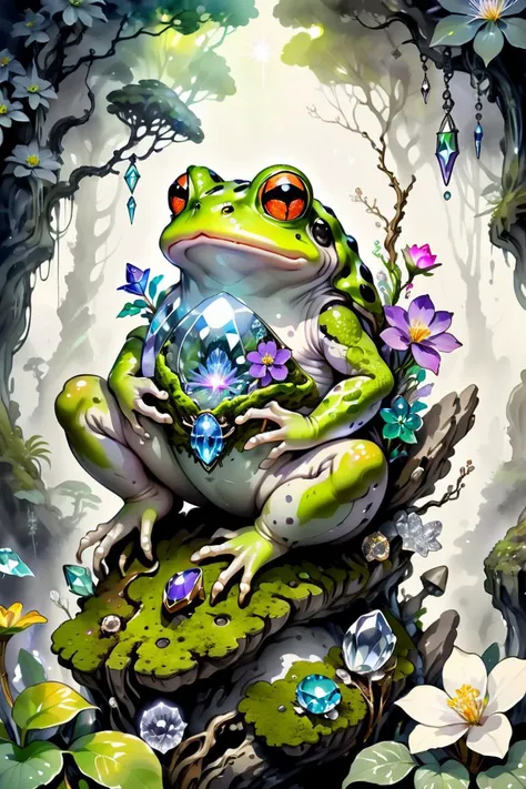 African Tree Toad, biome made of moss, twigs, flowers, gems, crystals, light, wind, energy, hope, ultra high definition, glossy, a fae caught on camera in his biome, watercolor sketch in artistic style, large strokes, finalized with ink, fine lines, sketch artstyle, graycale, monochrome,