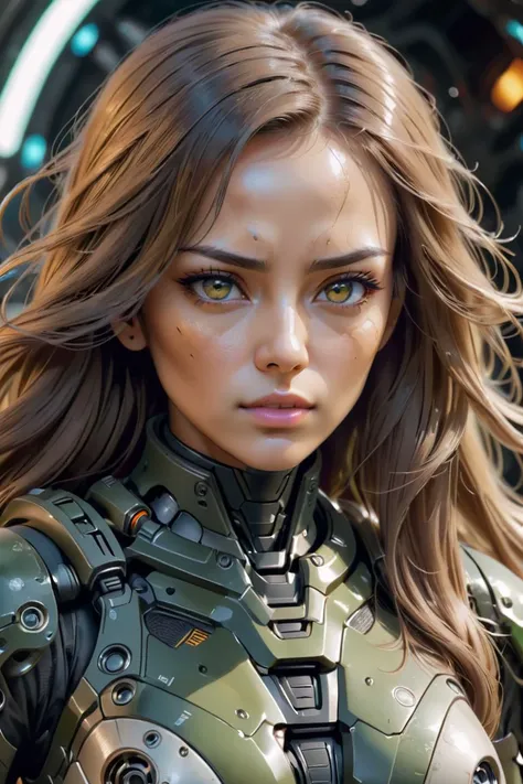 sci-fi, closeup portrait photo of woman in combat clothes, face, long hair, slim body, 8k uhd, high quality, film grain